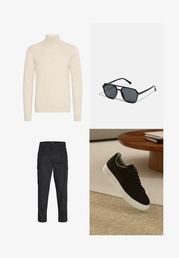 Béžový rolák vyrobený z měkké pleteniny. Má dlouhé rukávy a přiléhavý střih, s žebrovaným výstřihem a manžetami.; Černé cargo kalhoty vyrobené z odolné tkaniny, s mnoha kapsami, knoflíkovým zapínáním a slim fit střihem se zúženými nohavicemi.; Černé tenisky s bílou podrážkou plující nad béžovým texturovaným kobercem poblíž kulatého dřevěného stolu se stohovanými knihami.; Černé sluneční brýle s osmiúhelníkovým rámem, tmavými čočkami, lesklým povrchem, tenkými nožičkami a zlatými akcenty na přední části.; Pět stříbrných prstenů: jeden s černým kulatým detailem, jeden s bílým a černým geometrickým vzorem, a další s různými tvary a povrchy.