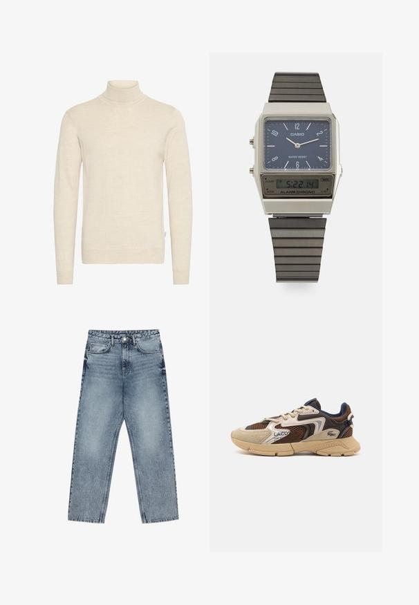 Beige coltrui gemaakt van zachte gebreide stof. Heeft lange mouwen en een slim-fit ontwerp, met ribbelboord aan de hals en mouwen.; Lichtblauwe denim jeans met een rechte pijp, zichtbare stiksels, vijf zakken en een knoopsluiting in de taille.; Beige en bruine sneaker met gestructureerde meshpanelen, suède accenten en een rubberen zool. Bevat vetersluiting en merkdetails.; Casio digitale watch met een blauwe wijzerplaat, zilveren kast en gelaagde zwarte rubberen band. Toont de tijd en alarminstellingen. Waterbestendig.