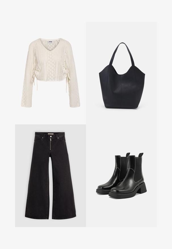 Skrajšan beli pleteni pulover z V-izrezom, dolgimi rokavi in teksturiranim diamantom vzorcem. Ima vezalke na strani za prilagoditev.; Široke traperice iz črnega denima z zadrgo spredaj, petimi žepi in diskretnimi šivi. Gladka tekstura in ležeren slog.; Črne usnjene Chelsea škornje s širokim petami, elastičnimi stranskimi ploščami in kontrastnim belim šivanjem. Teksturirana površina.; Črna torba v obliki tote iz gladke usnjene površine, ki ima ukrivljen odprt vrh z dvema naramnicama in minimalističnim dizajnom.