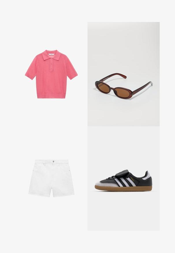 Polo a maniche corte di colore rosa chiaro, lavorato a maglia, con colletto e patta con tre bottoni. Tessuto liscio con orlo e polsini a coste.; Shorts in denim bianco con un design a quattro tasche, dotati di chiusura frontale con bottone e zip, mostrati su uno sfondo semplice.; Sneaker in pelle nera e suede grigio con strisce bianche, suola in gomma, chiusura con lacci nella parte anteriore e strappa in velcro. Presenta il marchio "Samba" in oro.; Occhiali da sole rotondi con tonalità marrone, montatura lucida color bordeaux. Aste sottili con un sottile dettaglio del marchio. Design delle lenti piatte.