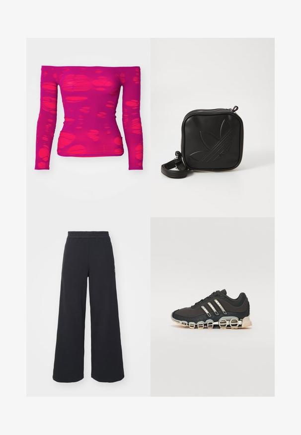 Schulterfreies, langärmeliges magentafarbenes Oberteil mit einem Muster aus unregelmäßigen, durchscheinenden Ausschnitten im gesamten Stoff.; Schwarze weite Sweatpants aus weichem Material, mit einem elastischen Taillenbund und einem kleinen Logo auf der linken Seite.; Schwarzer Sportschuh mit einer strukturierten Oberseite, drei silbernen Streifen und einer markanten Dämpfungssohle mit mehreren integrierten Sektionen.; Schwarze Umhängetasche aus strukturiertem synthetischem Material. Verfügt über ein eingeprägtes Logodesign und einen verstellbaren Riemen. Mit Reißverschluss geschlossen.
