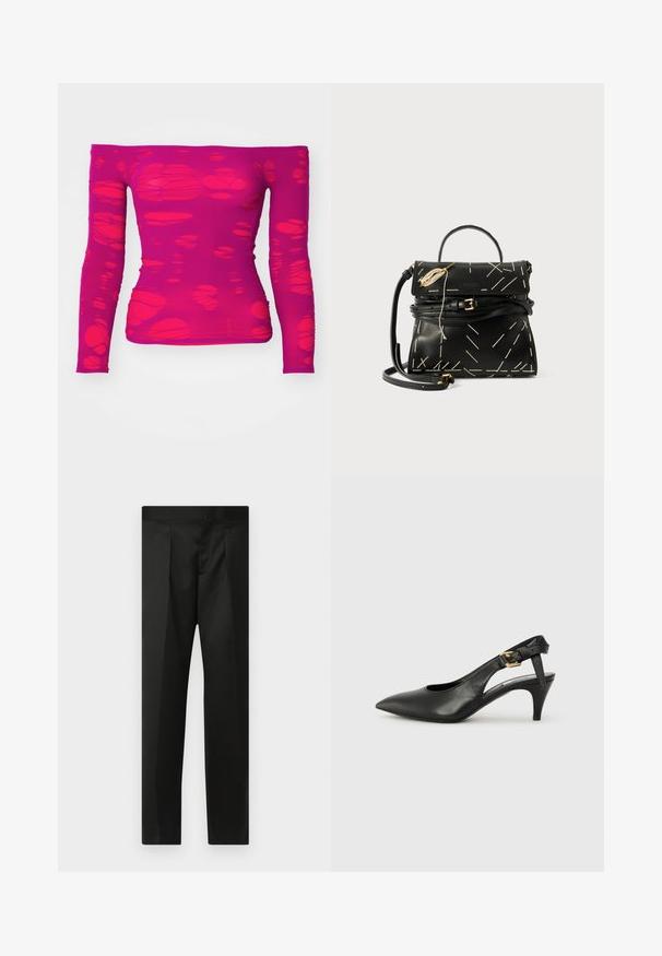 Off-shoulder, long-sleeve magenta top with a pattern of irregular, translucent cut-out shapes throughout the fabric.; Black trousers featuring a smooth fabric, tailored design, straight legs, and a flat waistband with no visible closures or pockets.; Black leather slingback pump with a pointed toe, small heel, and a buckle detail on the ankle strap. Smooth texture, minimalist design.; Black leather handbag with geometric white stitching, a top handle, and a detachable shoulder strap. Features gold accents and a zip closure.