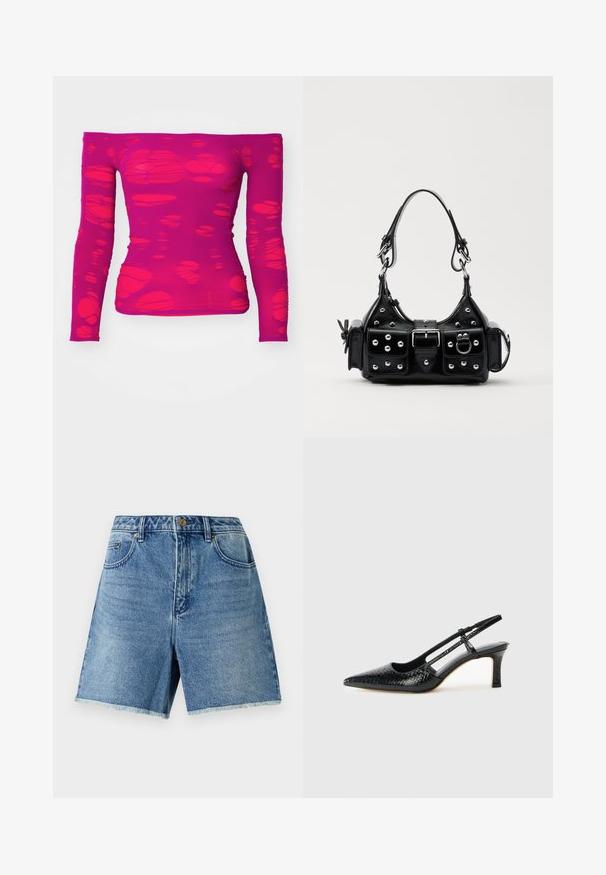 Vállnélküli, hosszú ujjú, magenta színű felső, amelynek anyagán szabálytalan, átlátszó kivágott formák mintázata található.; Világoskék farmer rövidnadrág, magas derékkal, gombos záródással, elülső zsebekkel és kopott széllel a kényelmes illeszkedés érdekében.; Fekete lakk slingback sarok, hegyes orral, texturált kígyómintával, állítható pánttal és rövid, texturált tömbsarkal.; Fekete bőr kézitáska ívelt designnal, ezüst szegecsekkel, csattal és két oldalsó zsebbel. Állítható vállpánt a hordozási lehetőségekhez.
