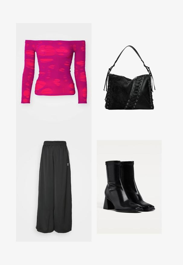 Top s odhalenými rameny a dlouhými rukávy v barvě magenta se vzorem nepravidelných, průhledných výřezů na celém povrchu látky.; Černé volné sportovní kalhoty vyrobené z hladké tkaniny. Mají elastický pas a boční pruhy s logem.; Černé kotníkové boty vyrobené z lesklé kůže, s podpatkem střední výšky, zipovým zapínáním a špičatou špičkou. Hladký povrch s minimálním šitím.; Desigual Taška s příčným popruhem - black