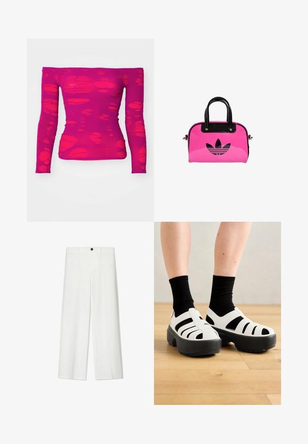 Vállnélküli, hosszú ujjú, magenta színű felső, amelynek anyagán szabálytalan, átlátszó kivágott formák mintázata található.; Fehér, bő szabású nadrág, sima textúrával, elöl gombos záródással és övhurkokkal, kényelmes szabású.; Fehér, vastag talpú szandálok fekete kiegészítőkkel, melyek több kivágással rendelkeznek és vastag fekete talppal vannak ellátva. A lábujjnál és az oldalukon texturált anyag található.; Rózsaszín lakkbőr kézitáska fekete logóval és fogantyúkkal, lekerekített formával és cipzáras zárással. A fényes textúra fokozza a láthatóságot.