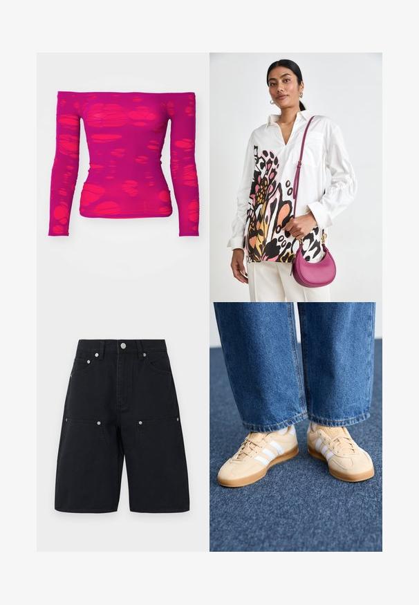 Paita magenta pitkillä hihoilla ja olkapäät paljastavalla leikkauksella, jossa on epäsäännöllisiä, läpikuultavia aukkoja läpi kankaan.; Mustat farkkushortsit, joissa on suora lahjetyyli, kahdella etutaskulla ja hopeanvärisillä yksityiskohdilla. Urheilullinen kangas, jossa on ompeluyksityiskohtia.; Beige mokkasiner med hvite striper, gummisåler og rund tå. Kombinert med løse denim bukser, som viser en rett ben og blått stoff.; Valkoinen paita, jossa on värikäs abstrakti kuvio yhdellä puolella, sisältäen taskun. Yhdistetty pienen, kaarevan, vaaleanpunaisen nahkakassin kanssa.