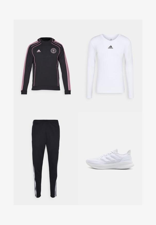 adidas Performance INTER MIAMI CF URBAN PURIST TRAVEL - Squadra - black; Maglietta atletica bianca a maniche lunghe realizzata in materiale morbido con logo Adidas nero sul petto; design a V e forma aderente.; Pantaloni sportivi neri con una vestibilità rilassata, con strisce bianche sui lati, vita con cordoncino e due tasche laterali. Realizzati in tessuto morbido.; Scarpe sportive bianche con tomaia in mesh texturato, suola ammortizzata e supportiva, e design a tre strisce sul lato.
