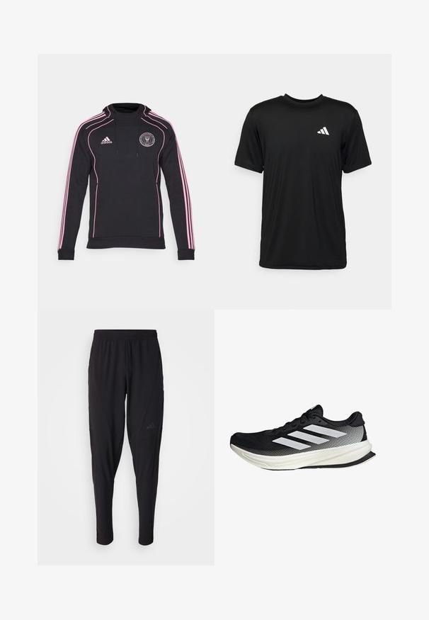 adidas Performance INTER MIAMI CF URBAN PURIST TRAVEL - Squadra - black; T-shirt nera a maniche corte realizzata in un tessuto leggero e traspirante. Presenta un logo bianco nella parte superiore sinistra del petto.; Pantaloni sportivi neri con vita elastica, design affusolato, tasche laterali e dettagli logo discreti. Realizzati in tessuto flessibile e traspirante.; Scarpa sportiva nera con design in rete, caratterizzata da strisce bianche, punta arrotondata e suola testurizzata per aderenza e supporto.