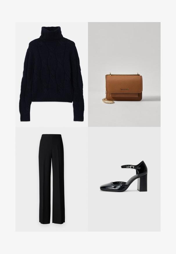 Tengerészkék kötött garbó pulóver, kötött mintával, texturált anyaggal és bordás mandzsettákkal, valamint szegéllyel. Lazán illeszkedő fazon, hosszú ujjakkal.; Fekete, széles szárú nadrág sima tapintással, magas derékkal és középen pliszével. Nincsenek látható minták vagy fém részletek.; Fekete patent bőr, magas sarkú cipők négyzetes orral, bokapánttal és vastag sarkal. A szélén lyukacsos díszítéssel.; Barna textúrájú bőr keresztbody táska arany lánc pánttal és fedélzárral. Az elején logó részlet és egy zseb található a fedél alatt.