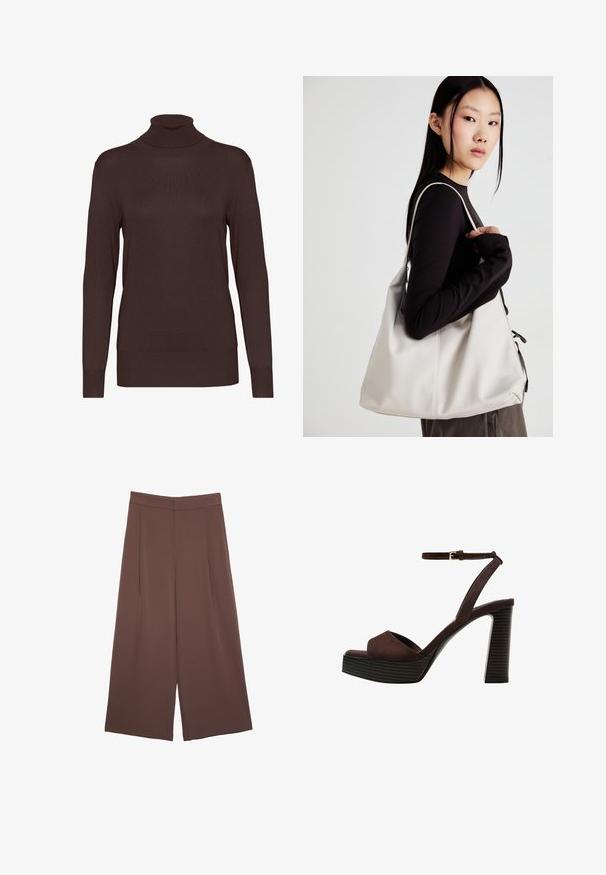 Maglione a collo alto marrone realizzato in tessuto a coste. Presenta maniche lunghe e una silhouette aderente, con un colletto alto e un colore uniforme.; Pantaloni ampi marroni con una texture liscia, caratterizzati da una vita alta e pieghe frontali. Il tessuto è leggero e scorre liberamente.; Sandal in camoscio marrone con tacco alto, punta aperta, cinturino alla caviglia regolabile e suola a piattaforma striata.; Borsa a mano beige realizzata in materiale morbido, caratterizzata da un design morbido, dettagli cuciti e due manici. Adatta per l'uso quotidiano.