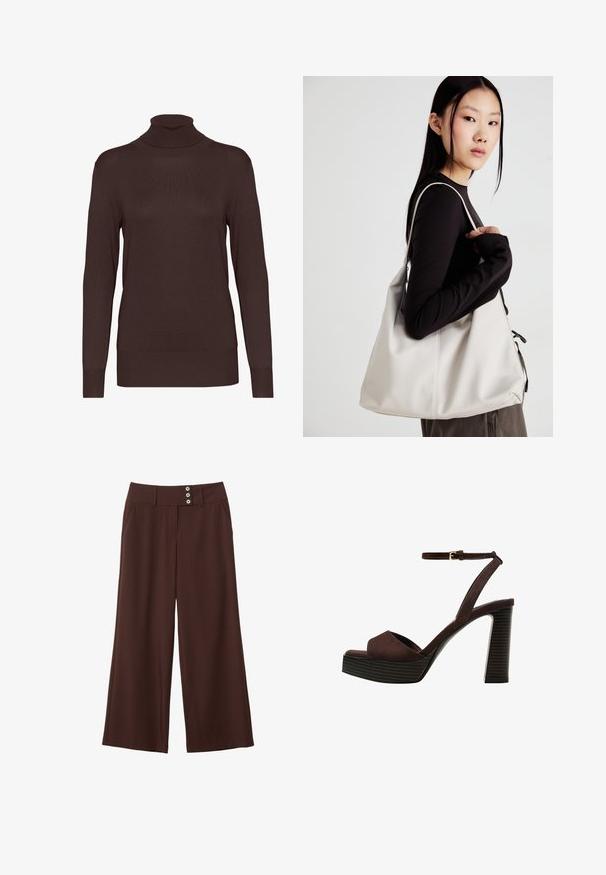 Maglione a collo alto marrone realizzato in tessuto a coste. Presenta maniche lunghe e una silhouette aderente, con un colletto alto e un colore uniforme.; Pantaloni a gamba larga marroni realizzati in tessuto morbido, con due tasche laterali e una vita decorata da tre bottoni.; Sandal in camoscio marrone con tacco alto, punta aperta, cinturino alla caviglia regolabile e suola a piattaforma striata.; Borsa a mano beige realizzata in materiale morbido, caratterizzata da un design morbido, dettagli cuciti e due manici. Adatta per l'uso quotidiano.
