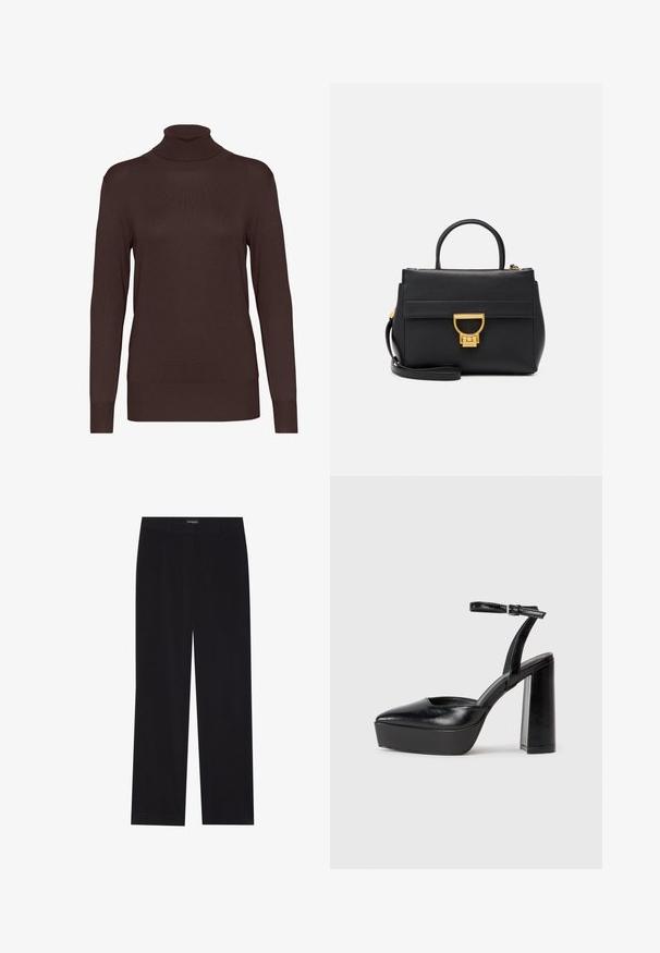 Brauner Rollkragenpullover aus geripptem Strickstoff. Mit langen Ärmeln und einer taillierten Silhouette, hohem Kragen und einfarbigem Design.; Schwarze Corduroyhose mit geradem Schnitt, flachem Bund und ohne sichtbare Taschen, glatte Textur und vertikale Rippendetails.; Schwarze Plateau-High Heels mit spitzem Zeh und verstellbarem Knöchelriemen. Gefertigt aus glattem Leder und mit einem klobigen Blockabsatz.; Schwarze Lederhandtasche mit goldenen Beschlägen, strukturiertem Design, Oberhandgriff, abnehmbarem Schultergurt und einer Vorderklappe mit Schnappverschluss.