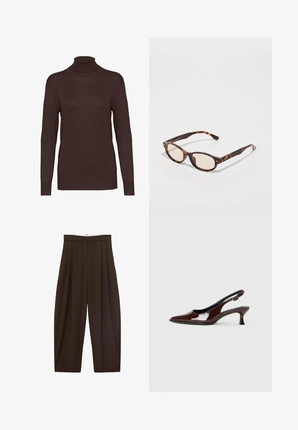 Brown turtleneck sweater made of ribbed knit fabric. Features long sleeves and a fitted silhouette, with a high neck and a solid color.; Brown high-waisted trousers with pleats, made of smooth fabric. Loose fit, straight leg design, featuring belt loops and a zip fly.; Brown patent leather slingback shoe with a pointed toe and a moderate heel. Features a buckle strap for secure fit. Smooth texture.; Tortoiseshell sunglasses with a rounded shape and light lenses. Features sturdy arms with small gold accents, made from plastic material.; Brown suede tote bag with leather trim and a thin strap closure, featuring a soft, wide, and slightly angular shape.
