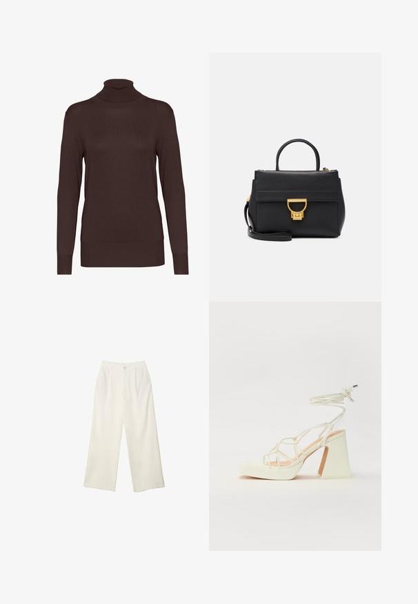Brun turtleneck sweater lavet af ribstrikstof. Har lange ærmer og en tætsiddende silhuet, med en høj hals og en ensfarvet farve.; Bredde bukser i cremefarvet stof med en glat tekstur, der har en enkelt knap foran, diskrete folder og design med høj talje.; Hvide højhælede sandaler med en kraftig hæl, der har et stropdesign og ankelbinding. Glat tekstur med en platform foran for ekstra højde.; Sort læder håndtaske med guldfarvet hardware, struktureret design, topskænk, aftagelig skulderrem og en forlomma med spænde lukning.