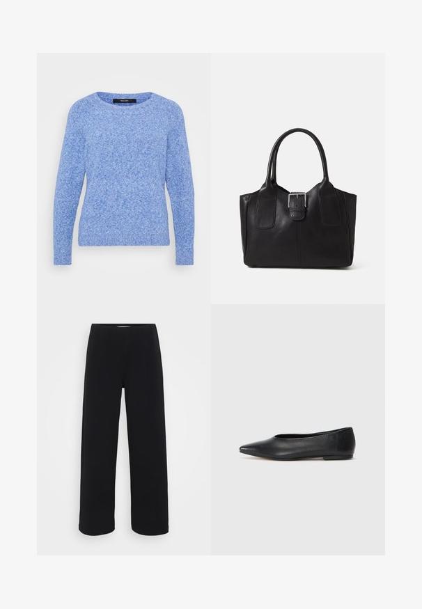 Lys blå genser laget av teksturert strikket stoff; har en rund halsutskjæring og lange ermer med ribbestrikkede mansjetter og kant.; Svart bukser med vid benvidde og elastisk midjebånd. Laget av et strukturert materiale, med en løs passform og rett snitt fra hoftene til sømmen.; Sorte lærballerina med spiss tå, minimalistisk design, glatt tekstur, lav hæl uten synlig metall eller dekorasjoner.; Svart skinn toteveske med jevn tekstur, strukturert form, to håndtak og en fremtredende sølvspenne foran.