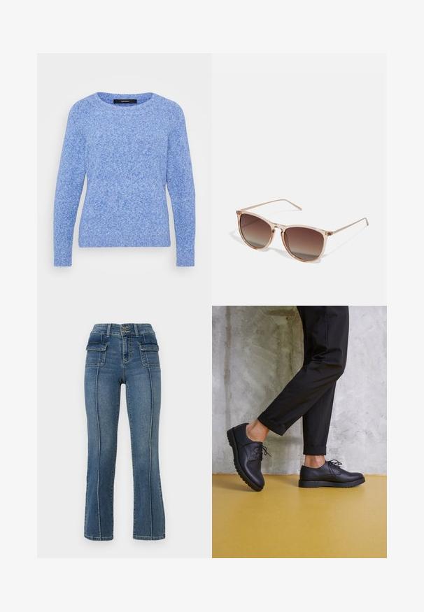 Svetlo modri pulover iz strukturirane pletene tkanine; ima okroglo izrezano ovratnik in dolge rokave z rebrastimi manšeti in robom.; ONLY Petite ONLWAUW MID WAIST FLARED - Kavbojke na trapez - medium blue denim; Črne usnjene čevlje na vezalke z zaobljenim nosom, teksturirano površino in debelim gumijastim podplatom. Nosi se z zvitimi črnimi hlačami na betonski podlagi.; Rjavi gradient sončna očala s prozornim roza okvirjem, kvadratne oblike in tankimi kovinskimi ročaji. Imajo zaobljene robove in minimalne detajle.