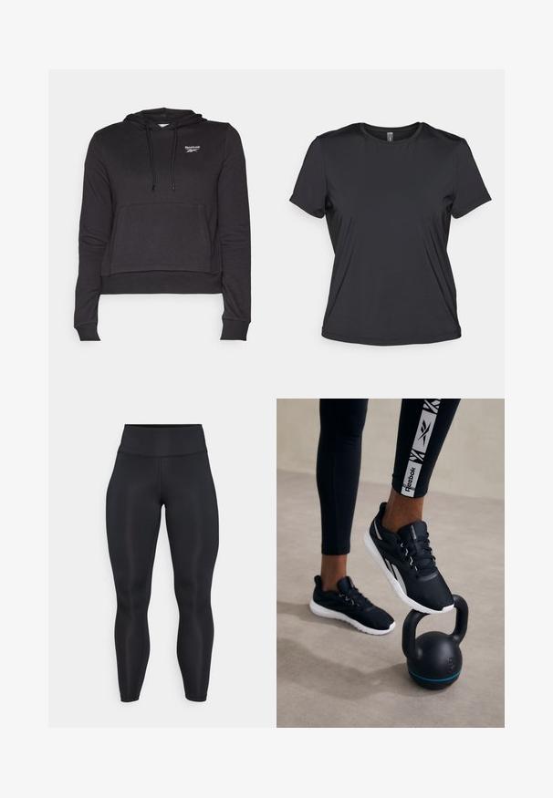 Crni skraćeni dukserica od tkanine s prednjim džepom, kapuljača s rafalom i izvezenim Reebok logom na prsima. Glatka tekstura, duge rukave.; Crna majica kratkih rukava izrađena od glatkog, laganog materijala s okruglim izrezom i opuštenim krojem. Bešavna konstrukcija za udobnost.; Crne tajice visoki struk, pune duljine, s glatkim platnom i vidljivim šavovima na prednjoj strani i u struku.; Crne sportske cipele s teksturiranim gornjim dijelom, bijelim potplatom i sivoj akcenti, postavljene na crni kettlebell s plavom prugom, na neutralnoj pozadini.