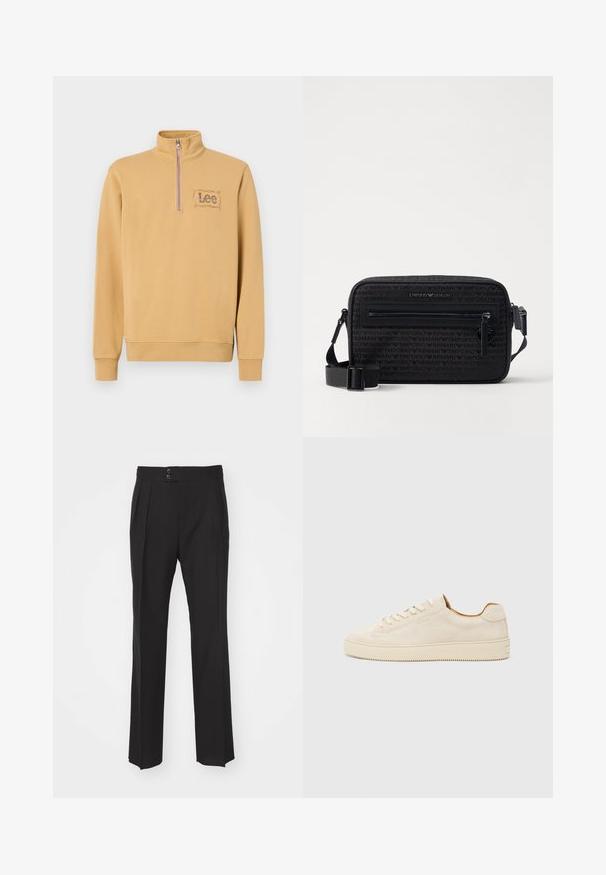 Yellow pullover sweatshirt with a zip collar, featuring an embroidered "Lee" logo in a rectangular design on the left chest. Cotton blend material.; Black tailored trousers featuring a straight leg design, two front pockets, and a double-button closure at the waistband. Smooth fabric texture.; Beige suede sneaker with a low-top design, round toe, flat laces, and a textured rubber sole. Minimalist style with no visible logos.; Black crossbody bag made of textured fabric featuring a zippered front pocket, adjustable strap, and embossed logo accents.