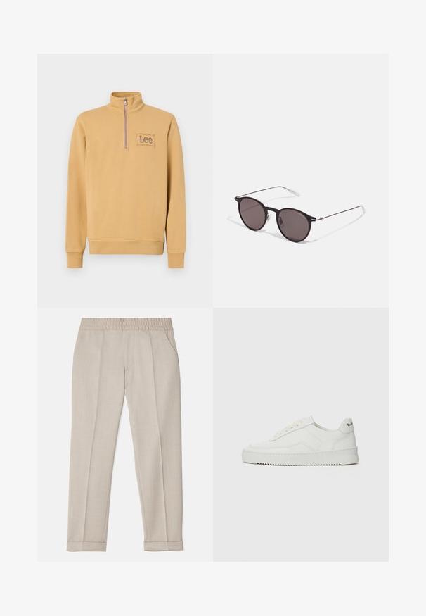 Gul genser med glidelås på kragen, med et brodert "Lee"-logo i rektangulært design på venstre bryst. Laget av bomullsblanding.; Filippa K TERRY CROPPED TROUSERS - Bukse - sage melange; Hvite lærersneakers med en jevn overflate, rund tå, flate lisser og en teksturert såle. Har en subtil logo på hælen.; Sorte, runde solbriller med mørke linser og slanke metalarmer. Inkluderer klare temple tips og sølvfargede detaljer ved hengslet. Minimalistisk design.