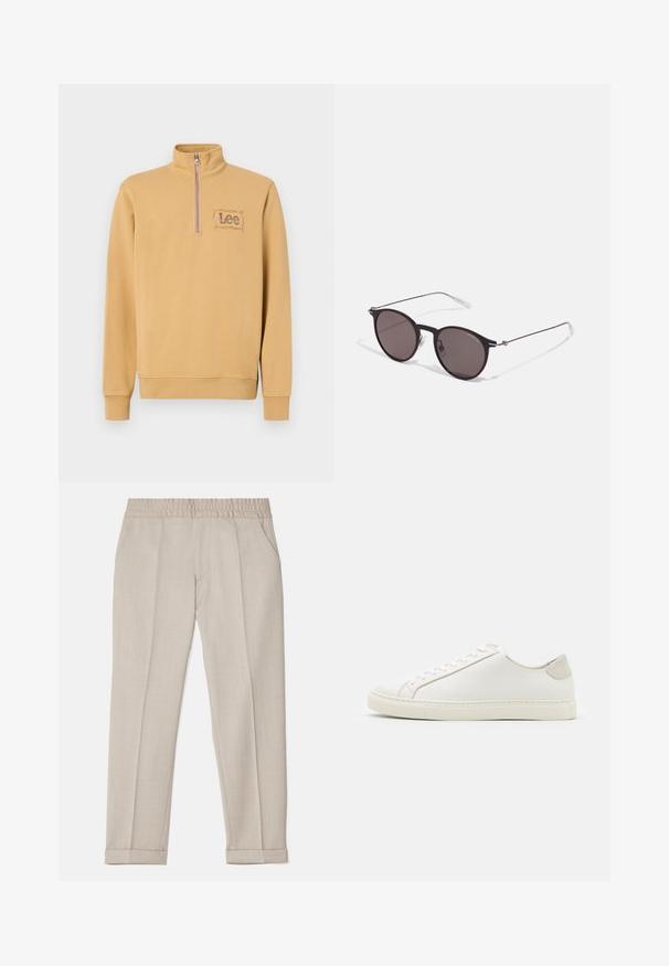 Żółty sweter z zamkiem na kołnierzu, z haftowanym logo "Lee" w prostokątnym wzorze po lewej stronie klatki piersiowej. Materiał mieszany bawełny.; Filippa K TERRY  szary; Białe skórzane sneakersy o gładkiej powierzchni, okrągłym nosku i minimalistycznym wzornictwie. Zawierają beżowe akcenty na pięcie oraz gumową podeszwę.; Czarne okrągłe okulary przeciwsłoneczne z ciemnymi soczewkami i smukłymi metalowymi ramkami. Zawierają przezroczyste końcówki zauszników oraz srebrne akcenty przy zawiasie. Minimalistyczny design.