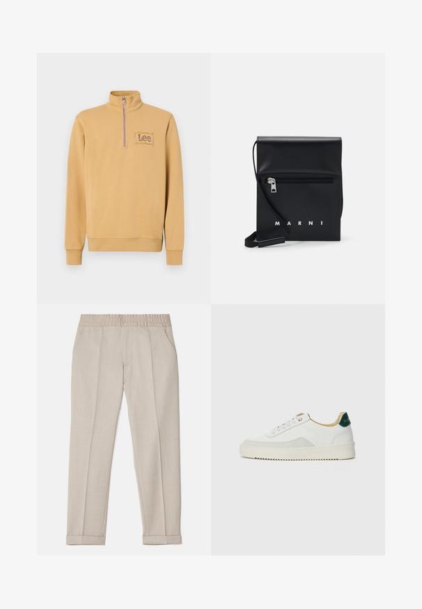 Felpa gialla con colletto a zip, caratterizzata da un logo "Lee" ricamato in una forma rettangolare sul lato sinistro del petto. Materiale misto cotone.; Filippa K TERRY CROPPED TROUSERS - Pantaloni - sage melange; Sneaker bianco con accenti in camoscio, punta rotonda, lacci piatti e suola in gomma crema. Presenta un marchio verde sul tallone.; Borsa a tracolla in pelle nera con tasca frontale con zip, logo in rilievo e tracolla regolabile. Texture liscia con una forma strutturata.