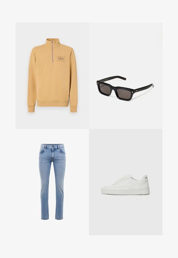 Yellow pullover sweatshirt with a zip collar, featuring an embroidered "Lee" logo in a rectangular design on the left chest. Cotton blend material.; Light blue denim jeans with a slim fit, five pockets, and a straight leg design. Features a zipper fly and belt loops. Soft texture.; White leather sneaker with a smooth finish, round toe, flat laces, and a textured sole. Features a subtle logo on the heel.; Black rectangular sunglasses with dark lenses, thick plastic frame, gold accents on temples, and brand logo engraved on the arm.