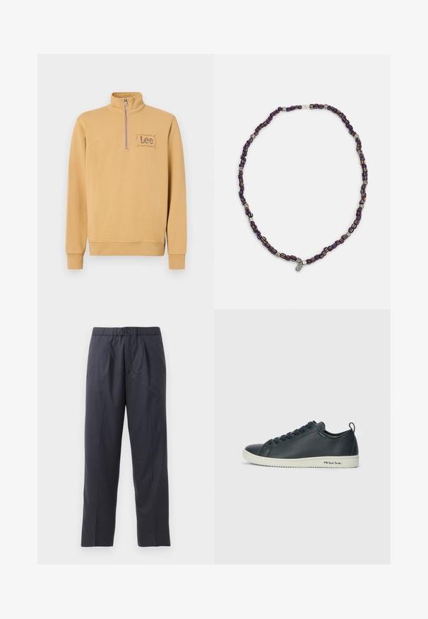 Kollane pusakarikas, millel on tõmblukk ja tikitud "Lee" logo ristküliku kujunduses vasakul rinnal. Puuvilla segu materjal.; Tumed sinised püksid pehmest kangast, mille esiosal on volditud disain ja elastne vöökoht. Varustatud nupuga sulgemisega ja sirge lõikega.; Tumedat mereeritud nahast tossud sujuva viimistlusega, ümmarguse varbaga, kuue silmaauguga sidumise ja kontrastse valge kummist tallaga. Küljes on brändi logo.; Mitmevärviline helmedega kaelakee, kus on tume sinised, punased ja kollased helmed, mille vahel on hõbedased aksessuaarid ja rippuv ripats.