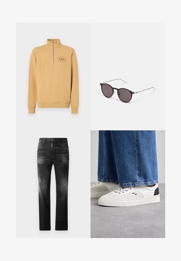 Geltonas megztinis su užtrauktuku kaklo srityje, su išsiuvinėtu "Lee" logotipu stačiakampio formos kairiajame krūtinės šone. Medvilnės ir sintetinių skaidulų mišinys.; Juodi džinsai su tiesiu kirpimu. Spalvoti svyrantys plotai, šiek tiek sugadinti, klasikinis penkių kišenių dizainas ir mygtuko uždarymas.; Balti ir balti sportbačiai su lygaus odos paviršiumi, tekstūruotais akcentais ir masyviu baltu padu. Turi klasiką primenančią raištelių užsegimo sistemą.; Juodos apvalios saulės akinių su tamsiais lęšiais ir plonomis metalinėmis šakomis. Įtraukti skaidrūs šventyklų galai ir sidabriniai akcentai vyrio srityje. Minimalistinis dizainas.