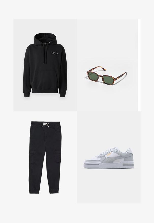 Hoodie nero con tasca a marsupio anteriore, cappuccio con cordini e "ABSTRACTED STUDIOS" stampato in bianco sul petto. Design a felpa.; Pantaloni cargo neri in cotone, dotati di una vita elastica con coulisse, tasche laterali e polsini a sigaretta.; Sneaker grigie e bianche con tomaia in pelle liscia, punta perforata, chiusura con lacci, dettagli testurizzati e un sottile logo dorato.; Occhiali da sole tartarugati con lenti verdi, dotati di una forma ottagonale e bracci sottili e curvi. Il materiale ha una finitura lucida.