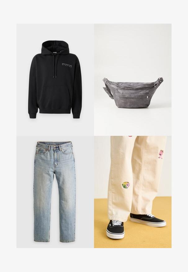 Black hoodie with a front kangaroo pocket, drawstring hood, and "ABSTRACTED STUDIOS" printed in white on the chest. Pullover design.; Light blue denim jeans with high waist, front button, zipper, and five-pocket design, laid flat on a neutral background.; Beige cotton pants with playful embroidered designs including a pink character and colored block, paired with black lace-up sneakers.; Gray suede fanny pack with a rounded shape, two zippered compartments, and adjustable strap. Features metal hardware accents.