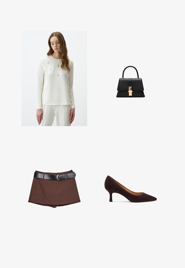 White long-sleeve top featuring decorative silver embellishments arranged in floral patterns. Made of smooth fabric with a crew neckline.; Brown shorts with a structured silhouette, featuring a black leather belt and silver buckle, made from textured fabric.; Brown suede pump with a pointed toe and a mid-height stiletto heel. Smooth texture, minimal design, and a slight cutout on the sides.; Black structured handbag with a smooth texture, a single top handle, and a gold-tone clasp detail at the front. Minimalist design.