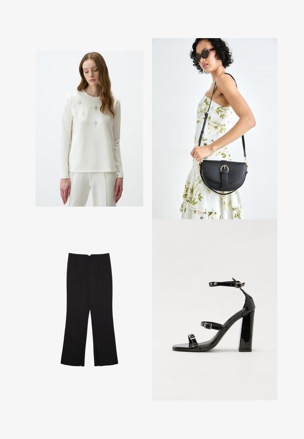 T-shirt à manches longues blanc avec des embellissements en argent décoratifs disposés en motifs floraux. Fabriqué en tissu lisse avec un col rond.; Pantalon noir avec une coupe droite, doté de poches avant et d'éclairs sur l'ourlet. Fabriqué en tissu doux et lisse. Convient à diverses occasions.; Sandales à talons vernies noires avec un bout carré, des sangles autour de la cheville et des boucles en argent. Dotées d'un talon bloc épais pour plus de stabilité.; Sac à main en cuir noir avec une forme courbée, bandoulière amovible et des accessoires en or. Le sac est doté d'un rabat avec un détail de boucle.