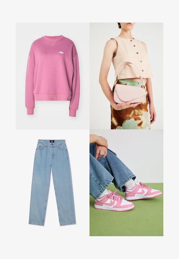 Dickies SUMMERDALE - Sweater - mellow mauve; Lichtblauwe denim jeans met een rechte snit, vijf zakken, knoopsluiting en subtiele wassing aan de voorkant.; Roze en witte Nike sneakers van leer en mesh materialen, met contrasterende ontwerpen, ronde neus en bijpassende roze veters en accenten.; Roze leren handtas met een gebogen klep, één schouderband en strakke lijnen. De tas vertoont een gladde textuur en een minimalistisch ontwerp.