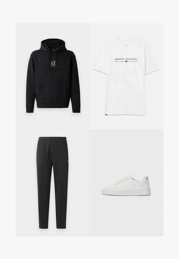 Felpa nera con cappuccio realizzata in morbido cotone misto, dotata di tasca frontale, cappuccio con cordino e un piccolo logo sul petto. Design semplice e casual.; T-shirt bianca in cotone a maniche corte, con logo "ARMANI EXCHANGE" blu e verde e "1991" centrato sotto.; Pantaloni jogger neri realizzati in tessuto morbido, con vita elasticizzata, gambe dritte e un piccolo logo sulla parte laterale.; Sneaker in pelle bianca con una finitura liscia, punta rotonda, lacci piatti e suola testurizzata. Presenta un logo discreto sul tallone.
