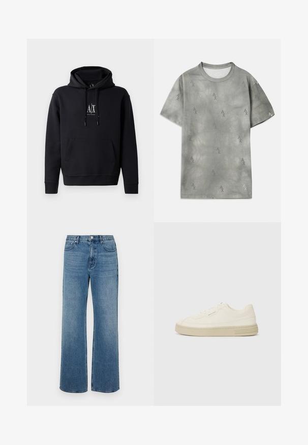 Melna kapuce, kas izgatavota no mīksta kokvilnas maisījuma, ar priekšējo kabatu, kapuces aukliņu un mazu logotipu uz krūtīm. Vienkāršs, ikdienišķs dizains.; Pelēks kokvilnas T-krekls ar smalku AX logotipa rakstu, apaļu kakla izgriezumu, īsām piedurknēm un brīvu piegriezumu. Gluda tekstūra ar nedaudz izbalējušu stilu.; Platās kājas zilo džinsu bikses izgatavotas no zila auduma ar izbalējušu apdari. Tām ir piecas kabatas, priekšējais pogu aizdare un taisna piegriezuma forma.; Baltas kanvas sporta apavi ar strukturētu gumijas zoli, ar šūtu purngalu un logotipu uz papēža. Vienkāršs auklu aizdare dizains.