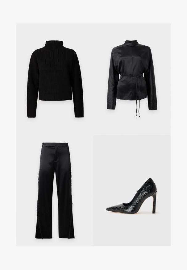 Sort ribbet højhalset sweater med lange ærmer og en cropped design. Texturen ser tyk og strikket ud, uden synlige mønstre eller udsmykninger.; Sort satin langærmet skjorte med høj krave, indsnævret talje og justerbar snoretræksdetalje. Glat tekstur med en elegant finish.; Sorte satinbukser med brede ben, der har frynse detaljer langs sidesømmen og en flad front talje. Ensfarvet bag uden lommer.; Sorte spidse tå stiletto-sko i krokodilleskind med et strømlinet design, høj hæl og glat sort inderside.