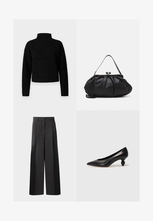 Svart ribbad polotröja med långa ärmar och kort design. Texturen ser tjock och stickad ut, utan synliga mönster eller utsmyckningar.; Svarta byxor med vida ben och hög midja, med framveck, en slät textur och en skräddarsydd finish. Designade för en avslappnad passform.; Svart läderhögklackad sko med spetsig tå och rund, bollformad klack. Slät yta med en elegant, minimalistisk design.; Svart läderhandväska med en rundad, veckad design. Har ett metallspänne med två dekorativa kulor och en smal, avtagbar rem.