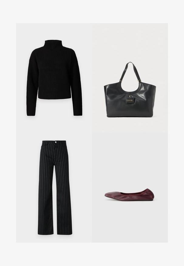 Svart ribbestrikket høyhalset genser med lange ermer og cropped design. Teksturen virker tykk og strikket, uten synlige mønstre eller dekorasjoner.; Sorte vide benbukser med vertikale blå striper, med klassisk fem-lommers design og en frontlukkemed knapp.; Balletsko i dyp burgunder lær, med avrundet tå, elastisk kant og glatt tekstur med subtile folder.; Svart lær toteveske med en blank overflate, buet topp, to skulderremmer og en akse av gulltone foran.
