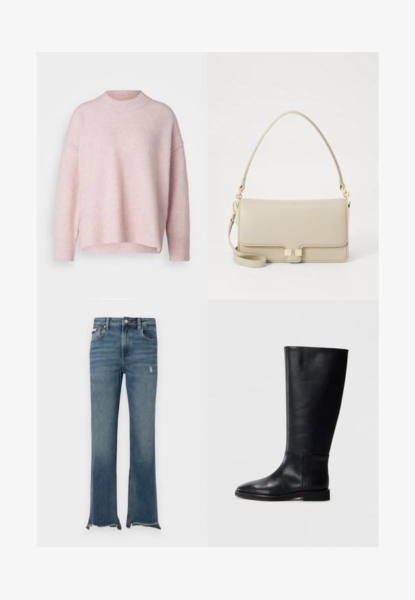 Helles Rosa, übergroßer Pullover aus weichem Strickstoff. Mit einem gerippten Kragen und Saum, sowie überschnittenen Schultern und einem lässigen Schnitt.; Blaue Jeans aus Denim mit leichter Used-Optik, rohen, ausgefransten Säumen, Fronttaschen, Gürtelschlaufen und Knopfverschluss.; Schwarze Lederstiefel bis zum Knie mit runder Zehenform, glatter Textur, minimalistischem Design und flacher Sohle. Einfache Nahtdetails am Schaft.; Beige Lederhandtasche mit strukturierter Form, goldener Hardware-Verschluss und abnehmbarem Schultergurt. Glatte Textur und minimalistisches Design.