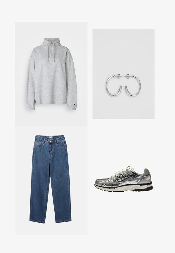 Champion ICONS HALF ZIP SMALL C LOGO - Felpa - grey; Jeans in denim blu classico con design a gamba dritta, cinque tasche e chiusura con bottone. Presentano un lavaggio medio e una trama robusta.; Scarpa atletica argento e nera con tomaia in mesh e sintetico, design voluminoso e finitura testurizzata. Presenta un colletto imbottito e suola in gomma.; Orecchini a cerchio in argento con una finitura liscia e lucente. Forma arrotondata, design leggero, con chiusura a perno.