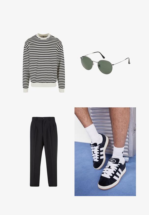 Fekete-fehér csíkos pulóver, kerek nyakkivágással és bordás mandzsettákkal. Puha anyagból készült, a csíkok egyenletes távolságra helyezkednek el.; Fekete nadrág, pliszézett elejű dizájnnal, sima anyagból készült. Gombos záródás és övhurkok jellemzik; egyenes szabású.; Fekete velúr sportcipők fehér fűzőkkel és három fehér csíkkal. A nyelvén egy kör alakú fekete logó található, valamint egy gumis talp.; Fémkeretes napszemüveg ovális zöld lencsékkel. Vékony ezüst színű fémkeret és fekete fülrész. Minimalista dizájn, látható logók nélkül.