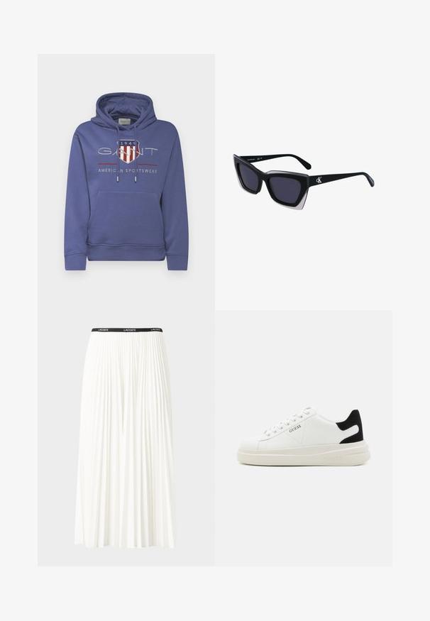 GANT ARCHIVE SHIELD HOODIE - Ikdienas džemperis - dusty navy; Gari plānas baltas svārku ar melnu elastīgu jostu, uz kuras redzams "LACOSTE" logo. Vidēja garuma dizains ar mīkstu tekstūru.; Baltas ādas sporta apavi ar biezu balto zoli, melna zamša uzpura un izspiestais logotips sānos. Šņorējuma dizains ar sešiem acu caurumiem.; Melni pārmēru saulesbrilles ar ģeometrisku formu, kas aprīkotas ar tumšiem stikliem un kontrastējošu pelēku akcentu uz rāmja. Logo uz kājas.