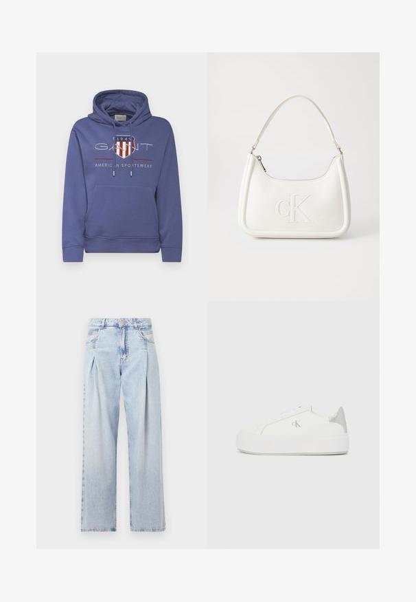 GANT ARCHIVE SHIELD HOODIE - Pusa - dusty navy; Heledad sinise denimist valmistatud teksapüksid kõrge vöökohaga, laia jala lõikega, kahe külje taskuga ja pleedi disainiga. Pehme tekstuur ja pleekinud viimistlus.; Valged kangast tennisekingad paksu valge tallaga, millel on metallist hõbedane aksent kandadel ja tagasihoidlik logodetail küljel.; Valge nahast käekott, millel on kumer kuju, esiküljel on reljeefne "CK" logo ja üks õlavarre rihm. Ülemine tõmblukkuu.