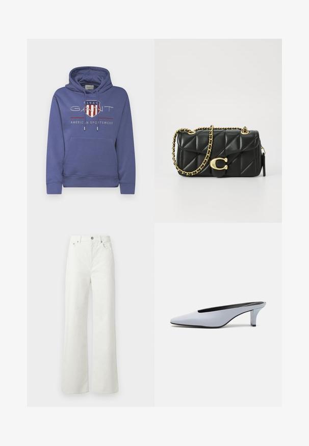 GANT ARCHIVE SHIELD HOODIE - Sweater - dusty navy; Samsøe Samsøe SHELLY - Relaxed fit jeans - clear cream; Lichtblauwe patentleren mule met een spitse neus, een lage doorzichtige hak, en een strak ontwerp met een uitsparing bij de vamp.; Zwarte gewatteerde leren handtas met een gouden kettingschouderband en een toggle-sluiting met een rond accent. Compacte rechthoekige vorm.