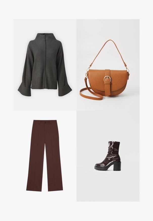 VILA VIVIGGA CONTRAST - Svetr - dark grey/black; Kalhoty s širokými nohavicemi vyrobené z bohaté hnědé látky. Obsahují zapínání na knoflík, dvě přední kapsy, hladkou texturu a čisté linie.; Lesklá bordó kotníková bota s masivním černým podpatkem, se hladkým povrchem a jednoduchým designem. Žádné viditelné zapínání ani vzory.; Hnědá kožená křížová taška s zakřiveným tvarem, zlatými detaily a akcentem s přezkou. Obsahuje odnímatelný popruh na rameno.