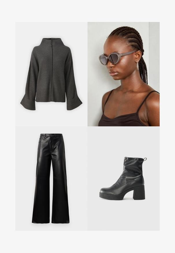 VILA VIVIGGA CONTRAST - Pulóver - dark grey/black; Fekete, magas derekú, széles lábú, műbőr nadrág elülső gombbal, cipzárral, övbújtatókkal és oldalsó zsebekkel, fehér háttérrel.; Fekete bokacsizmák sima bőrből, oldalsó cipzárral, vastag, texturált sarkú és lekerekített orrú dizájnnal.; Szürke, oversized napszemüveg kerek formával és sötét lencsékkel. Sima felületű, elegáns műanyag keret. A modellen fonott haj van.