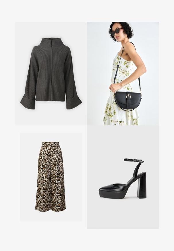 VILA VIVIGGA CONTRAST - Strickpullover - dark grey/black; Beige weite Hose mit Leopardenmuster in Schwarz und Braun. Glatte Textur, hohe Taille, gefaltetes Design und langer Schnitt.; Schwarze Plateau-High Heels mit spitzem Zeh und verstellbarem Knöchelriemen. Gefertigt aus glattem Leder und mit einem klobigen Blockabsatz.; Schwarze Lederhandtasche mit geschwungener Form, abnehmbarem Tragegurt und goldenen Beschlägen. Die Tasche verfügt über einen Deckel mit einer Schnallen-Details.