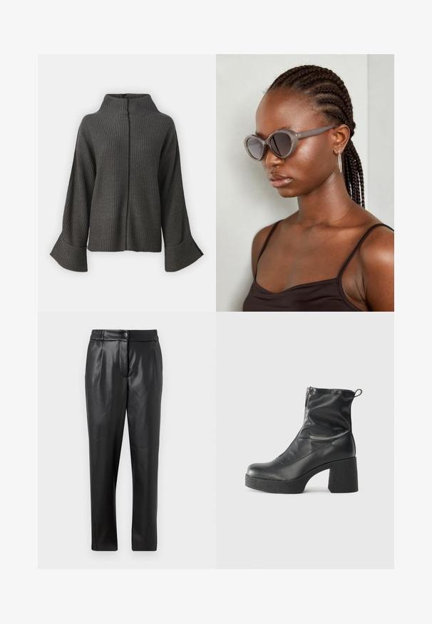 VILA VIVIGGA CONTRAST - Camisola - dark grey/black; Calças de couro pretas com uma textura suave, corte reto, cintura elástica e fecho com botão na frente; detalhe plissado e pernas afuniladas.; Botas de tornozelo pretas feitas de couro liso, com fecho lateral, salto grosso texturizado e design de bico arredondado.; Óculos de sol cinzentos de tamanho oversized com uma forma arredondada e lentes escuras. Armação de plástico elegante com um acabamento suave. O modelo tem cabelo trançado.