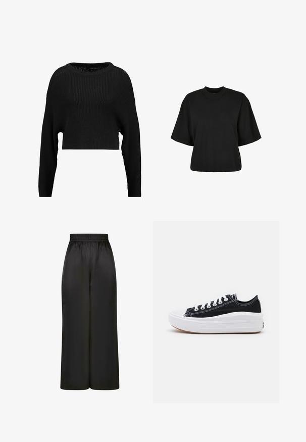 Černý zkrácený pletený svetr s volným střihem, širokým výstřihem a dlouhými rukávy, s texturovaným žebrovaným vzorem po celé délce.; Černé zkrácené tričko vyrobené z bavlny. Má krátké rukávy a kulatý výstřih. Hladký povrch s jednoduchým designem, bez dalších vzorů.; Černé široké kalhoty vyrobené z hladké, lesklé látky, s elastickým pasem bez viditelných kapes nebo kovových detailů.; Černé plátěné tenisky s bílými tkaničkami, bílým gumovým špičkovým krytem a masivní bílou střední podrážkou. Mají jemné bílé švy a gumovou podešev.
