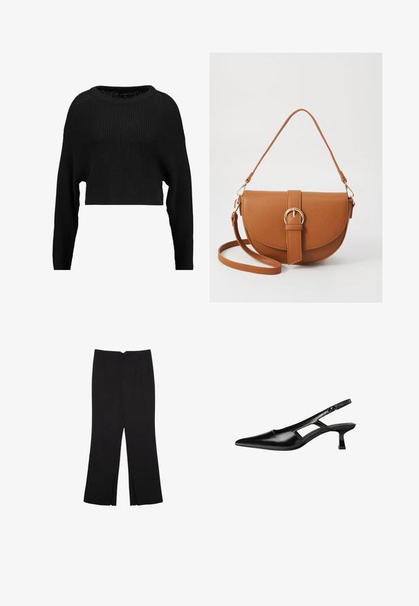 Crni skraćeni pleteni pulover labavog kroja, širokog izreza i dugih rukava, sa teksturiranim rebrastim uzorkom kroz cijelu površinu.; Crne hlače ravnog kroja, s prednjim džepovima i bočnim prorezima na rubu. Izrađene od mekog i glatkog materijala. Pogodne za razne prigode.; Crne lakirane natikače na remenčić sa špicastim nosom, dizajnom sa izrezima sa strane i malim kvadratnim potplatom. Glatka tekstura s minimalnim akcentima.; Smeđa kožna torba preko tijela s zakrivljenim oblikom, zlatnim metalnim detaljima i naglaskom na kopču. Ima odvojivu naramenicu.